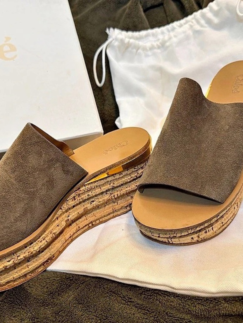 Chloé Brown Suede-Style Wedge Mules